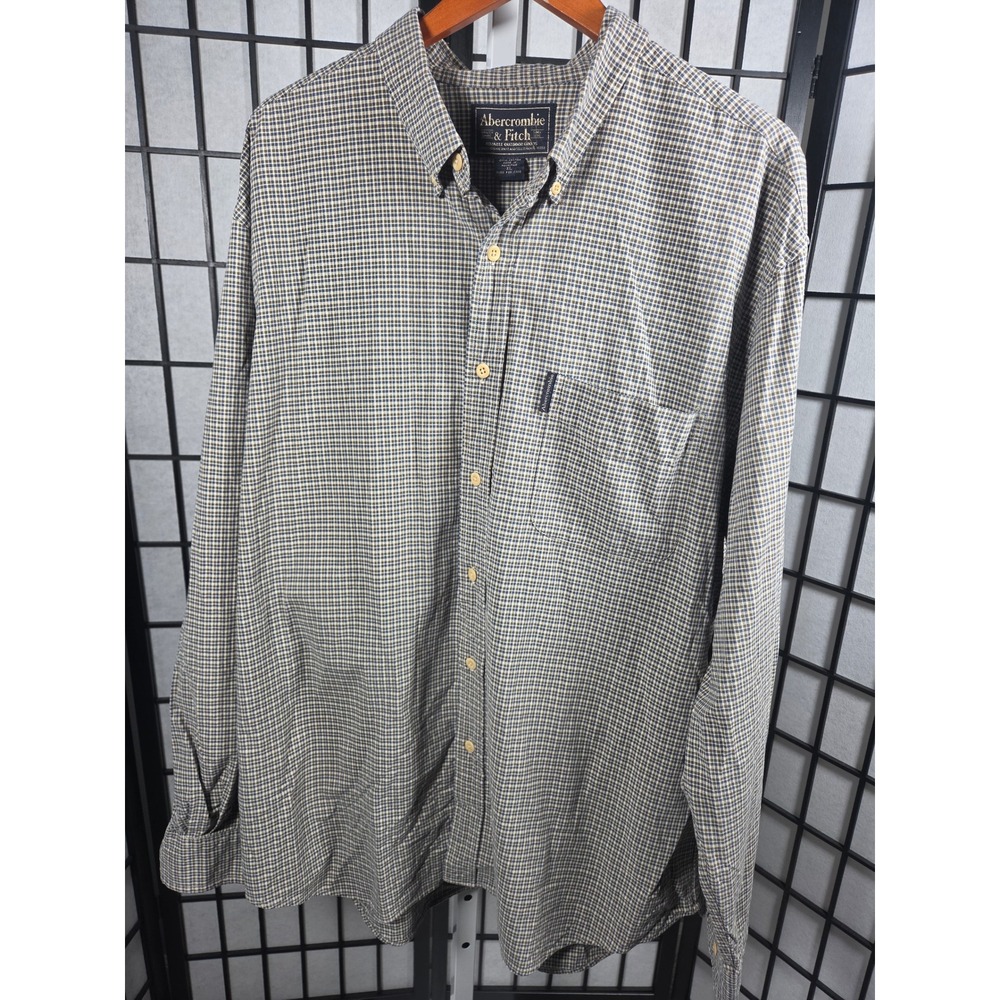 Vintage Abercrombie & Fitch Y2K Micro Check Button Down Shirt Mens XL Blue Tan